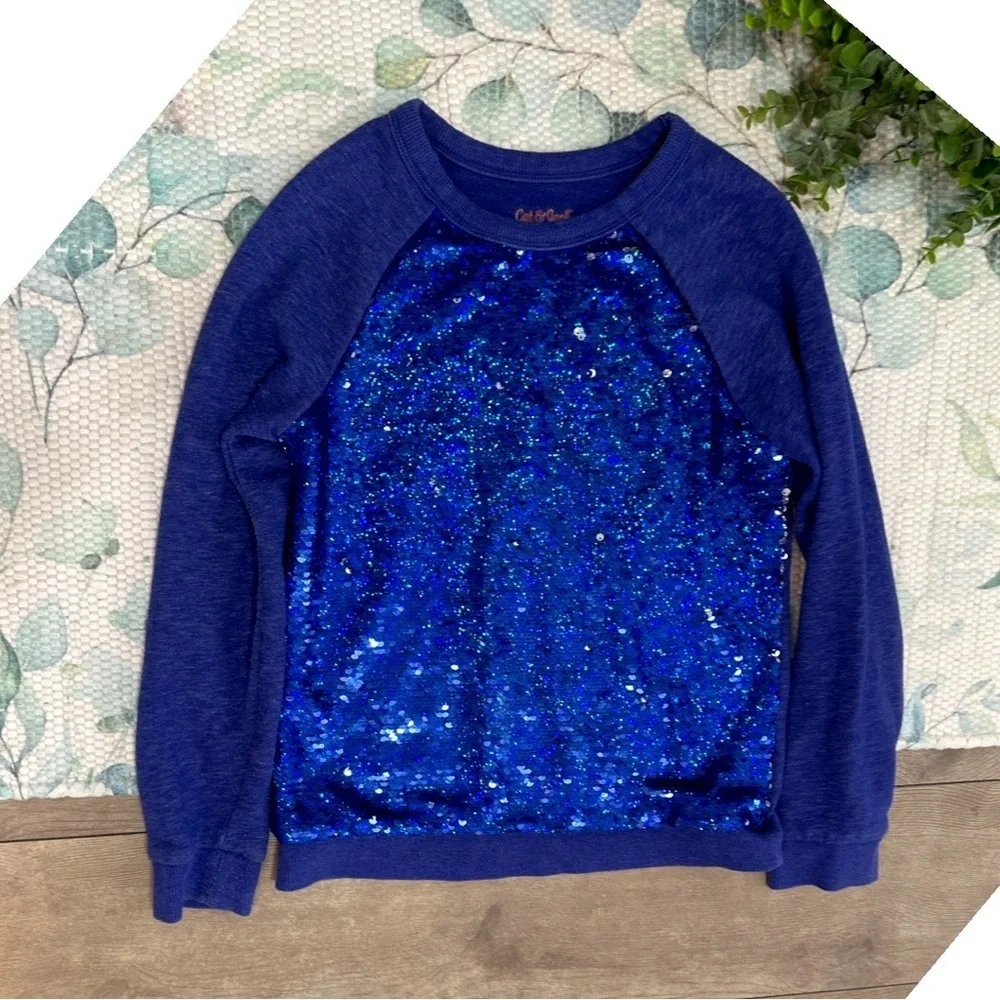 Cat & Jack Blue/Silver Sequin Girls Kids Sweatshirt Size Medium 7/8